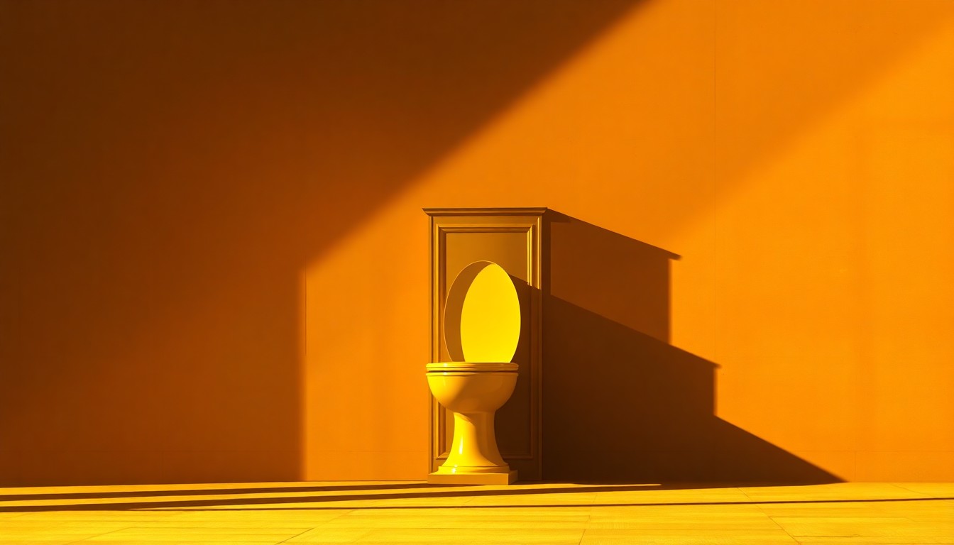 A serene, cinematic painting depicting a towering golden toilet on the National Mall, its reflective surface capturing the warm glow of the sun and the surrounding shadows, conveying a sense of solitude and contemplation around the symbol of presidential excess.