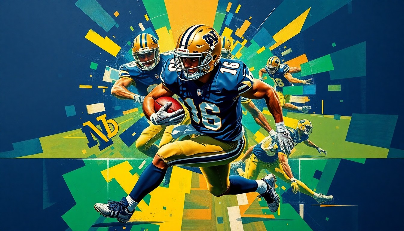 A cubist, geometric painting depicting a running back in motion, with sharp, overlapping planes of navy blue, gold, and emerald green representing the player's dynamic movements on the field.