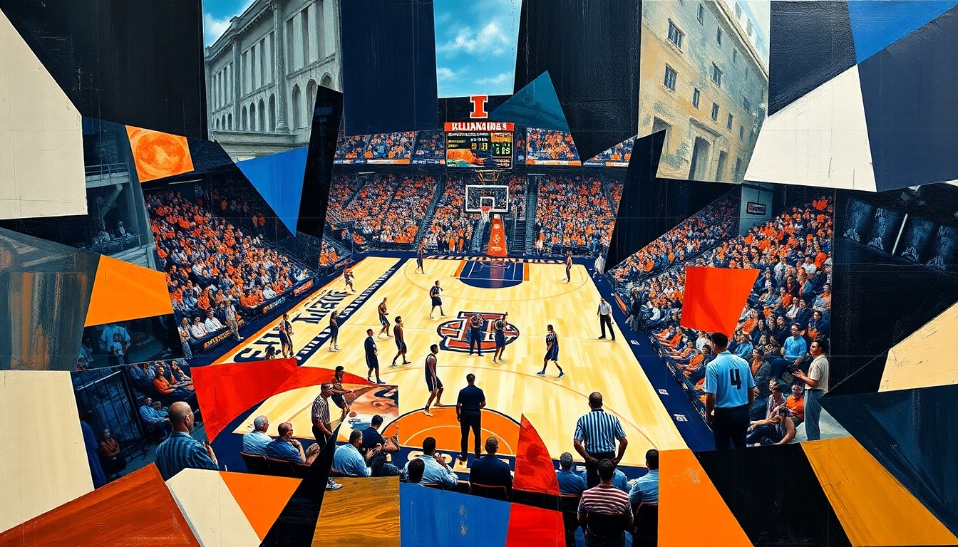 A cubist, geometric painting depicting a fragmented, multi-angled view of a college basketball game, with the Illini logo and uniforms broken down into abstract shapes and colors, conveying the frustration of fans unable to legally bet on their home team's success.