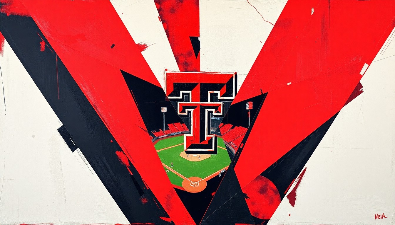 A fragmented, geometric painting depicting a Texas Tech softball game, with sharp planes of red and black representing the dynamic action on the field.