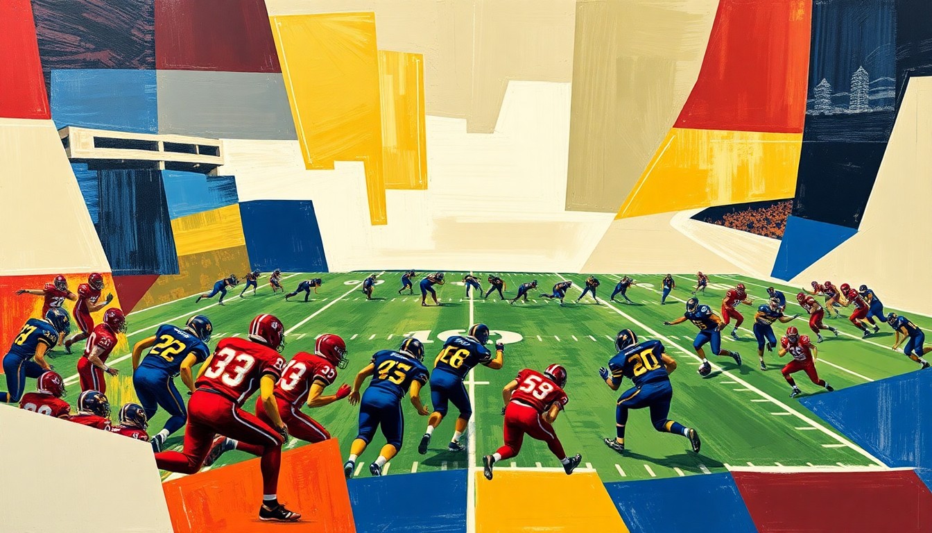 A fragmented, geometric painting depicting the chaotic action of a high school football game, with players and field markings broken down into sharp, overlapping planes of navy blue, red, and gold colors.