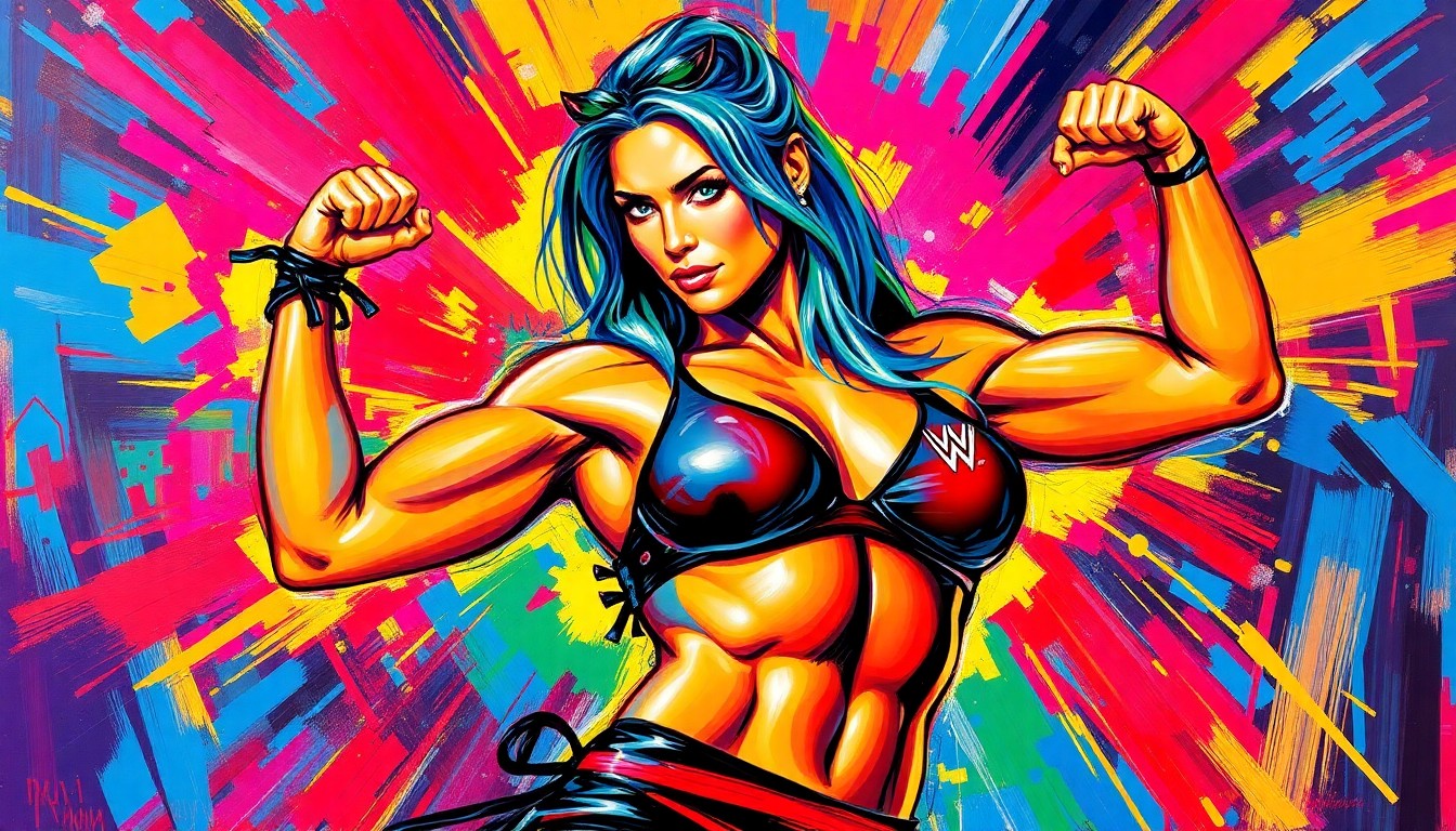 An abstract, energetic painting featuring a female wrestler's muscular, defined body in a dynamic pose, with vibrant neon brushstrokes capturing the explosive power and athleticism of the subject.