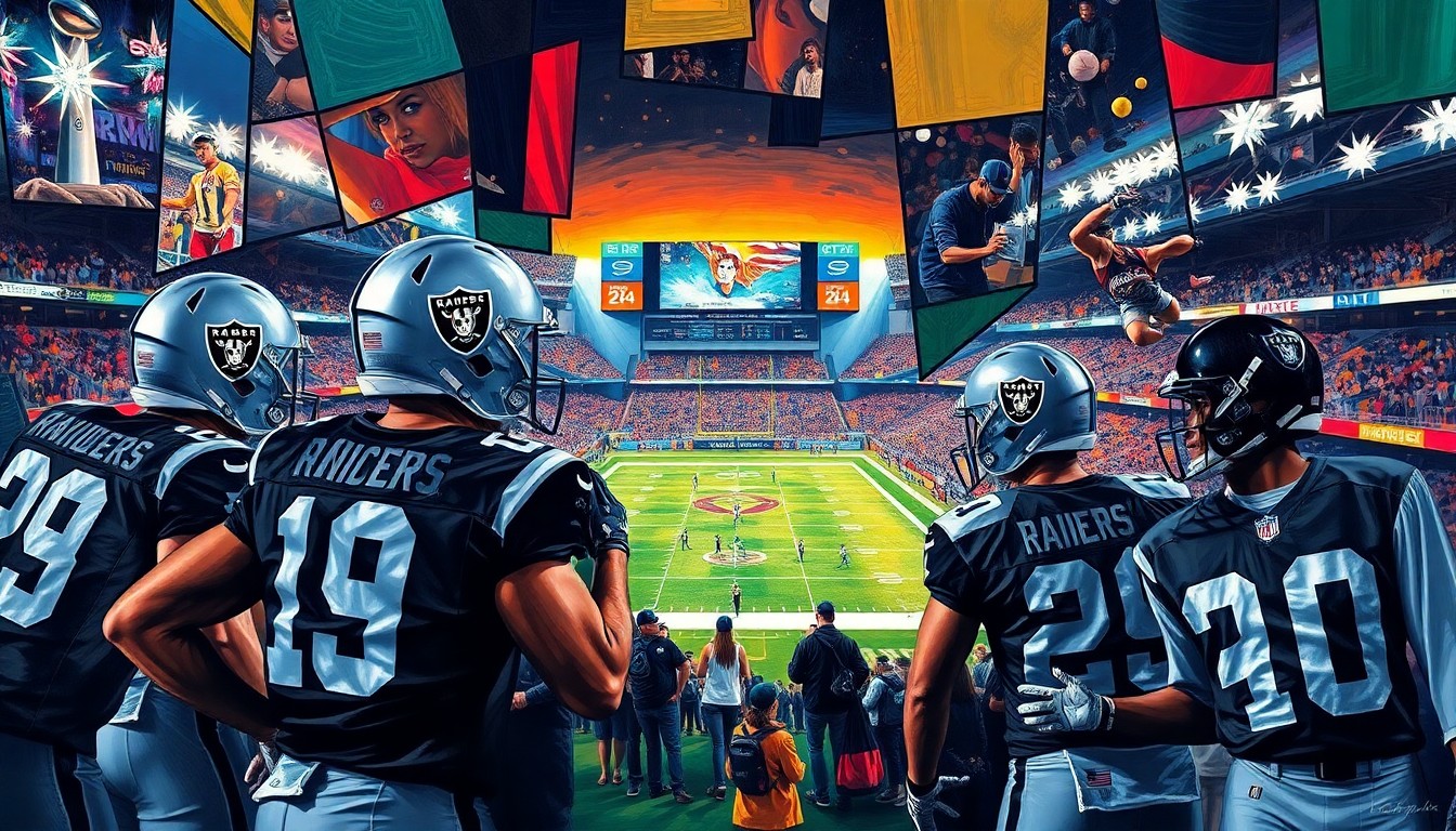 A fractured, multi-perspective painting depicting the Super Bowl game and stadium in a cubist, geometric style, with sharp overlapping planes in the Raiders' silver and black colors and the bright lights of Allegiant Stadium.