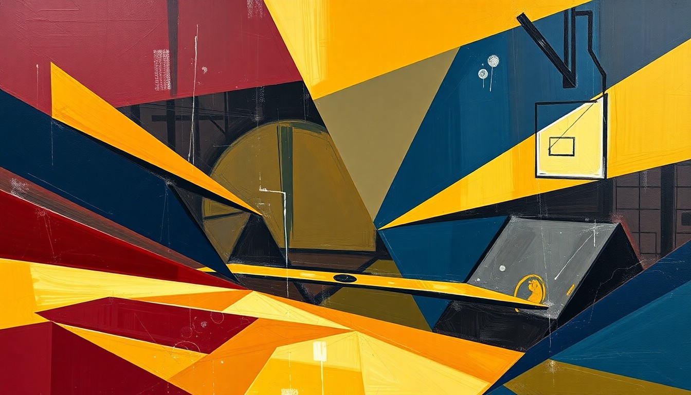 A fragmented, geometric painting depicting basketball players and action, rendered in a cubist style using bold colors like maroon, gold, and navy blue to conceptually represent the Minnesota Gophers men's basketball team and their evolving roster.