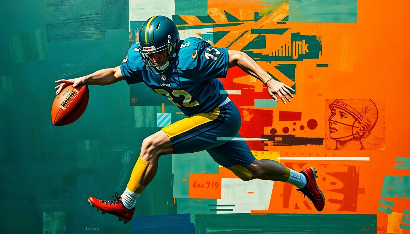 A cubist-style painting depicting a football player in mid-motion, broken down into sharp, overlapping geometric shapes in a palette of dark blues, greens, and oranges, conveying the complexity and risk of trading away a superstar player.