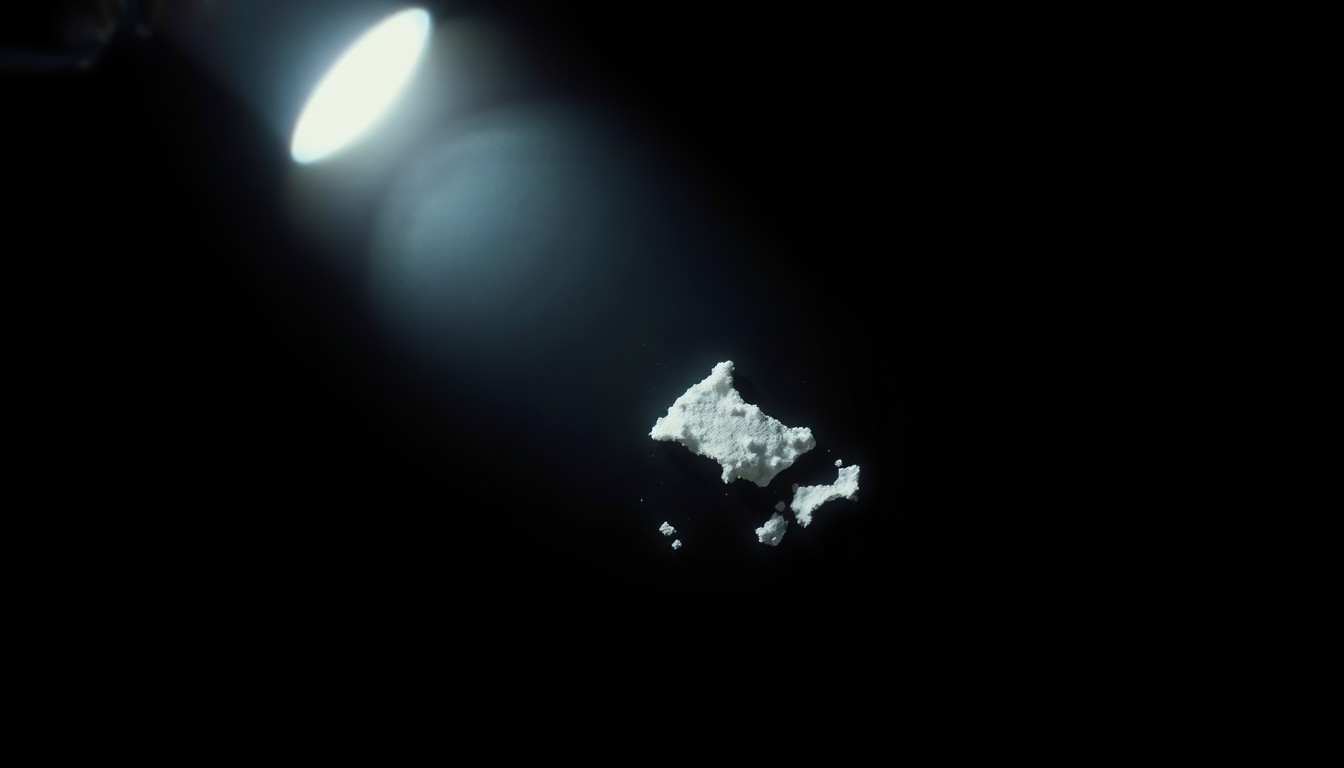 An extreme close-up photograph of a broken necklace or torn fabric, lit by a harsh, direct camera flash against a pitch-black background, creating a stark, gritty, investigative aesthetic that conceptually represents the tragic evidence of a domestic violence incident.