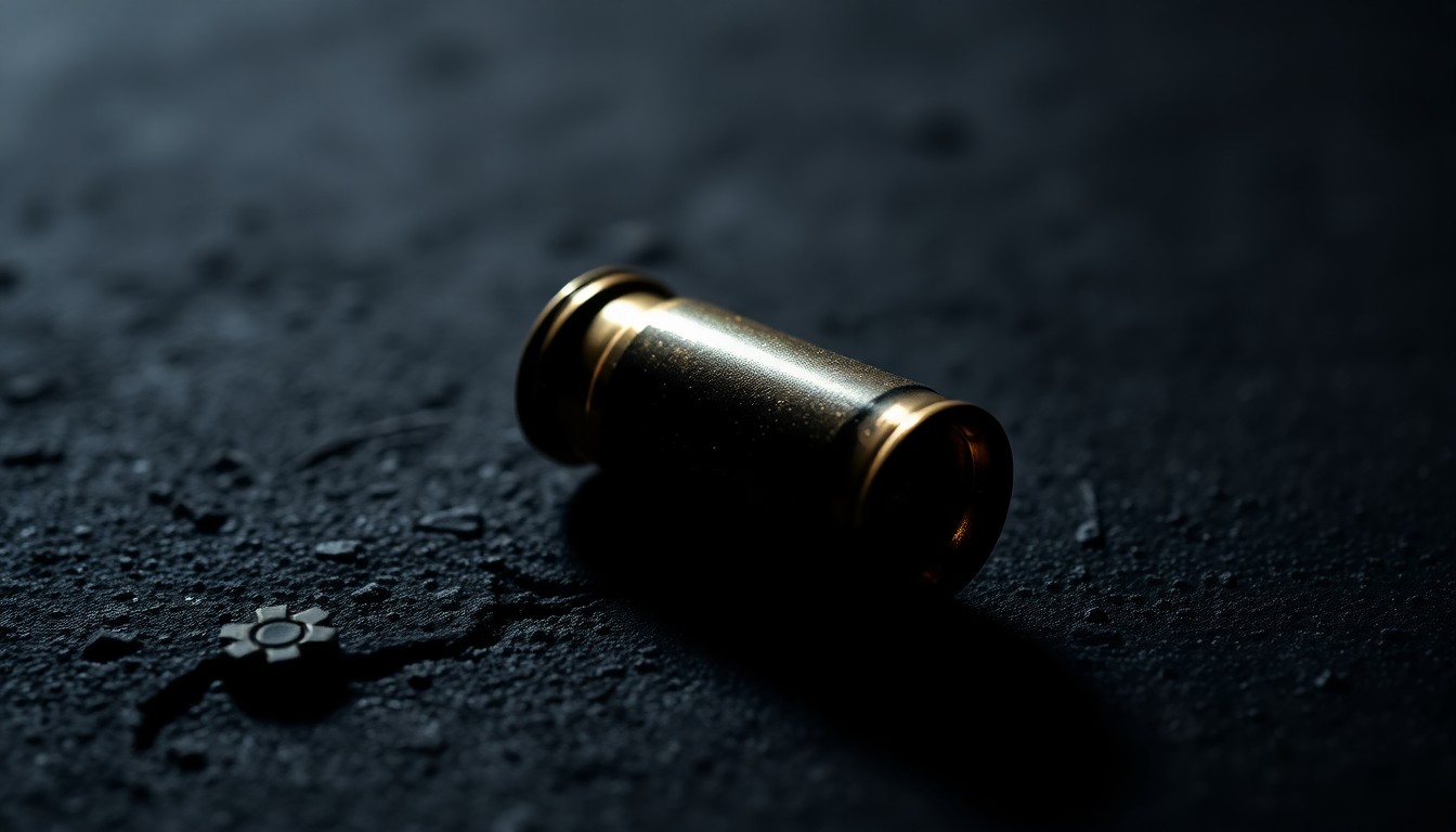 An extreme close-up photograph of a spent shell casing on a dark, textured surface, lit by a harsh, direct camera flash, conceptually representing the aftermath of a shooting incident.