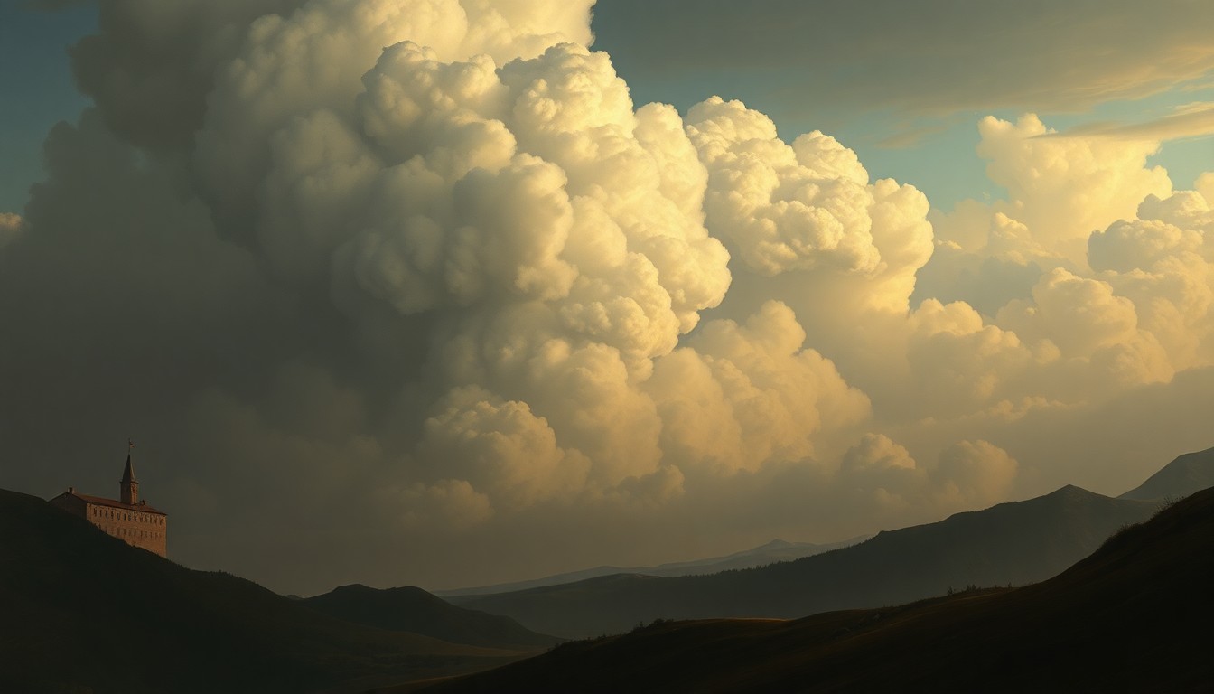 A sweeping, atmospheric landscape painting in muted tones, with a towering plume of thick smoke rising from a small, obscured building in the distance, conveying a sense of the natural world's sublime power.