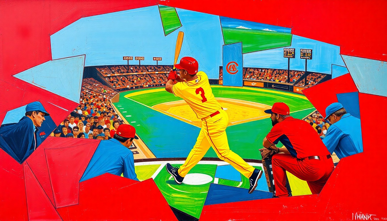 A cubist, geometric painting depicting a baseball player in the midst of a batting motion, with the figure and the field of play fractured into sharp, overlapping planes of color.