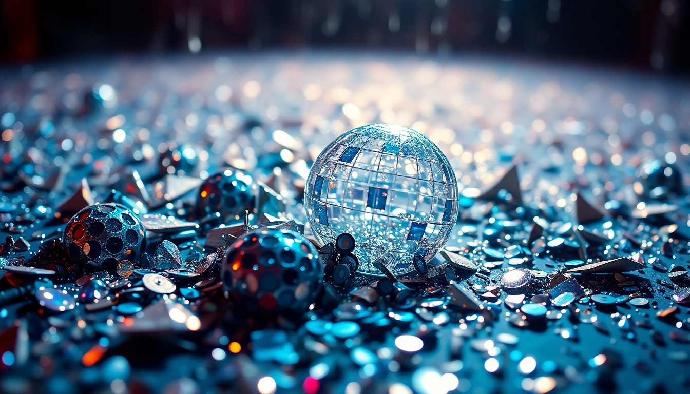 An abstract close-up photograph showing a textured surface of shimmering sequins and shattered glass, creating a high-contrast, glamorous visual metaphor for the energy and excitement of Coachella's milestone 25th edition.