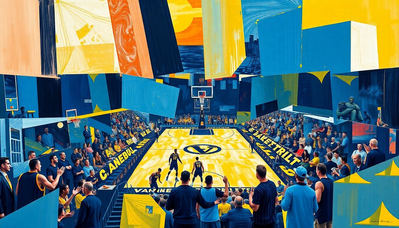 A cubist, geometric painting in navy blue and gold hues, depicting the fragmented action of a college basketball game, representing the uncertainty and transition facing Vanderbilt's program.