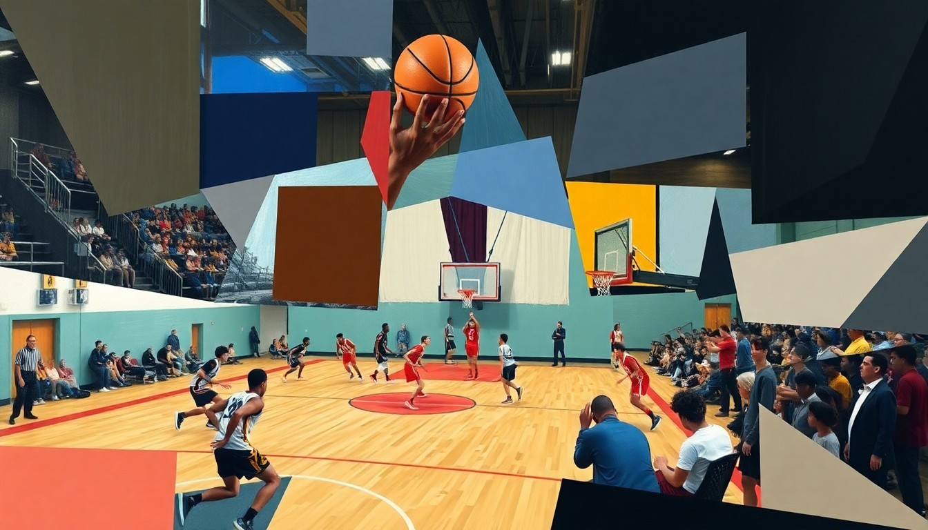 A cubist-style painting featuring overlapping geometric shapes and planes in shades of blue, red, and yellow, conceptually representing the chaotic energy and multiple perspectives of a high school basketball game.
