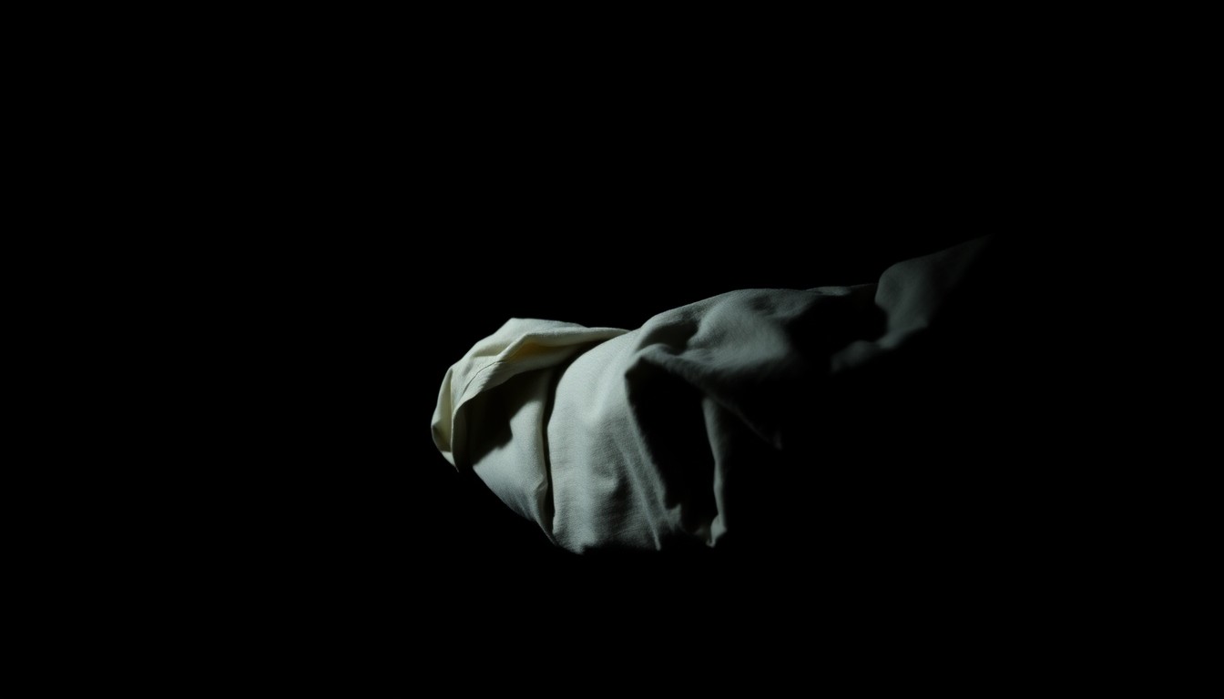 An extreme close-up photograph of a crumpled, discarded piece of clothing, lit by a harsh, direct camera flash against a pitch-black background, conveying the stark, gritty nature of a missing persons investigation.