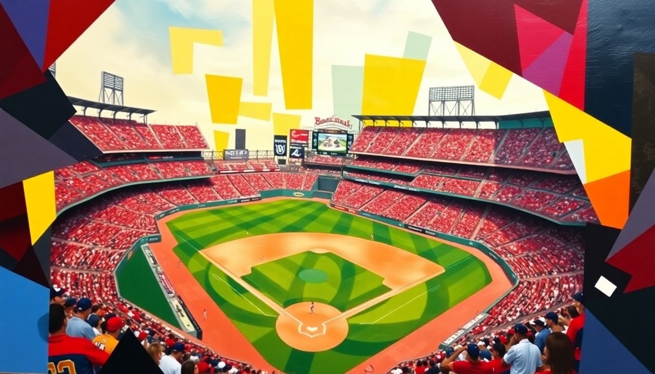 A cubist-style painting featuring overlapping geometric shapes and planes in the colors of the Cincinnati Reds and Pittsburgh Pirates uniforms, capturing the energy and movement of a baseball game in an abstract, deconstructed manner.
