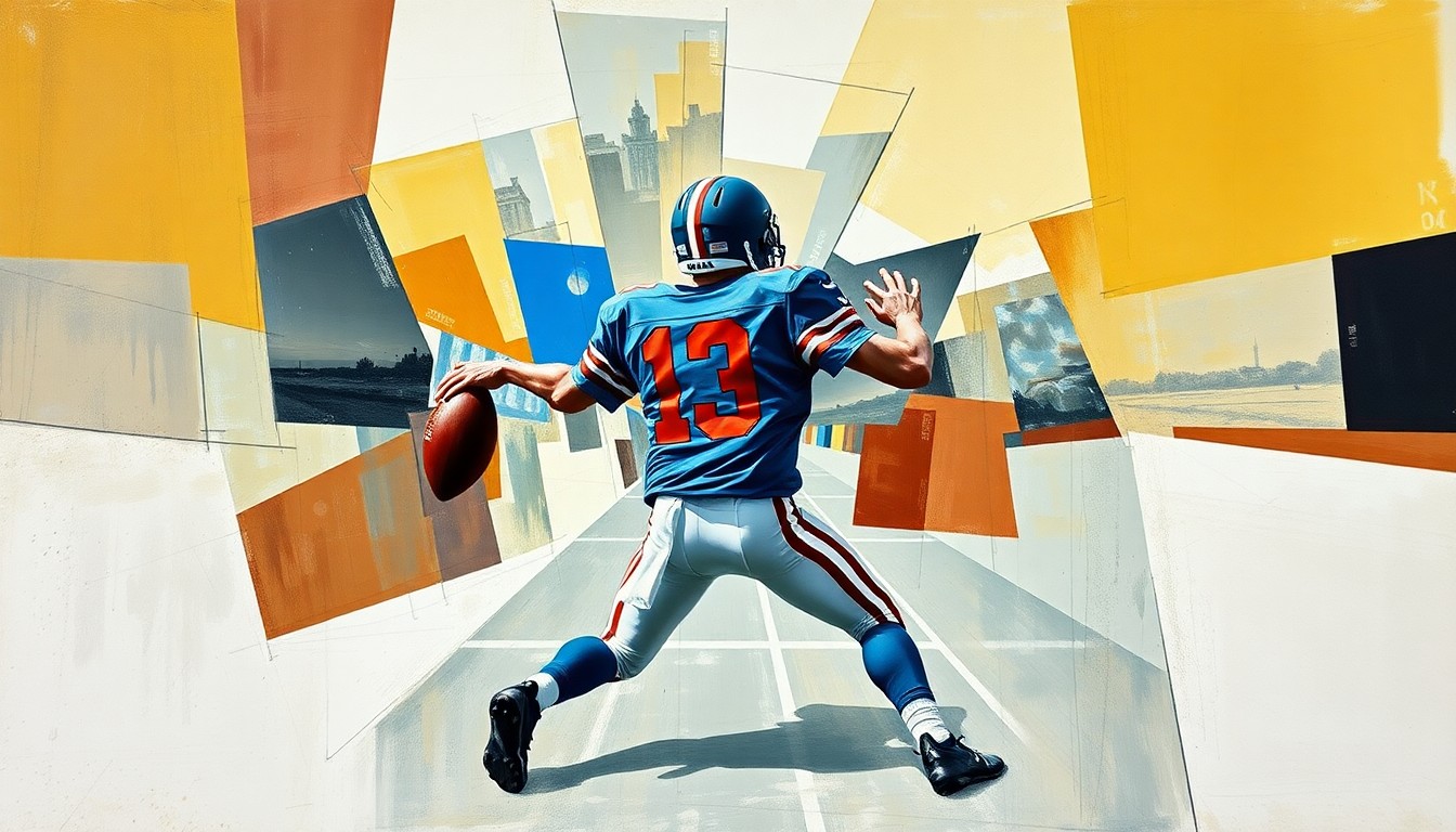A cubist, geometric painting depicting a quarterback dropping back to pass, with the figure broken down into sharp, overlapping planes of color and form.