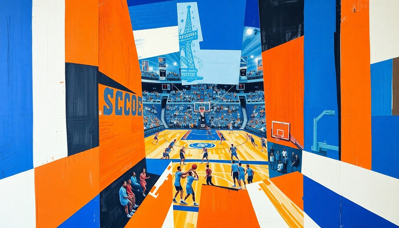 A cubist, geometric painting depicting a college basketball game or tournament action, with sharp, overlapping planes of burnt orange, royal blue, and bright white colors representing the dynamic energy and unpredictability of the Longhorns' tournament journey.