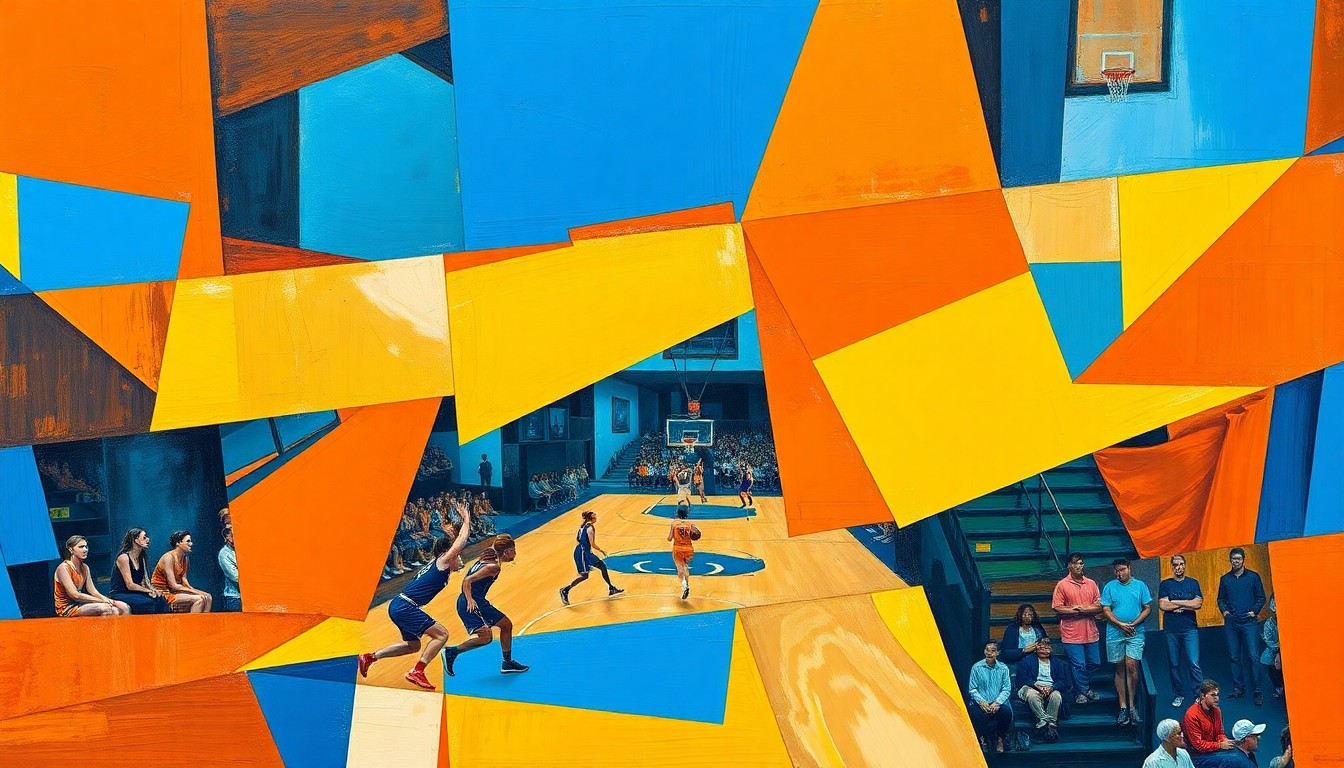 A cubist, geometric painting depicting a women's basketball game, with overlapping shapes and planes in vibrant colors representing the energy and action of the sport.