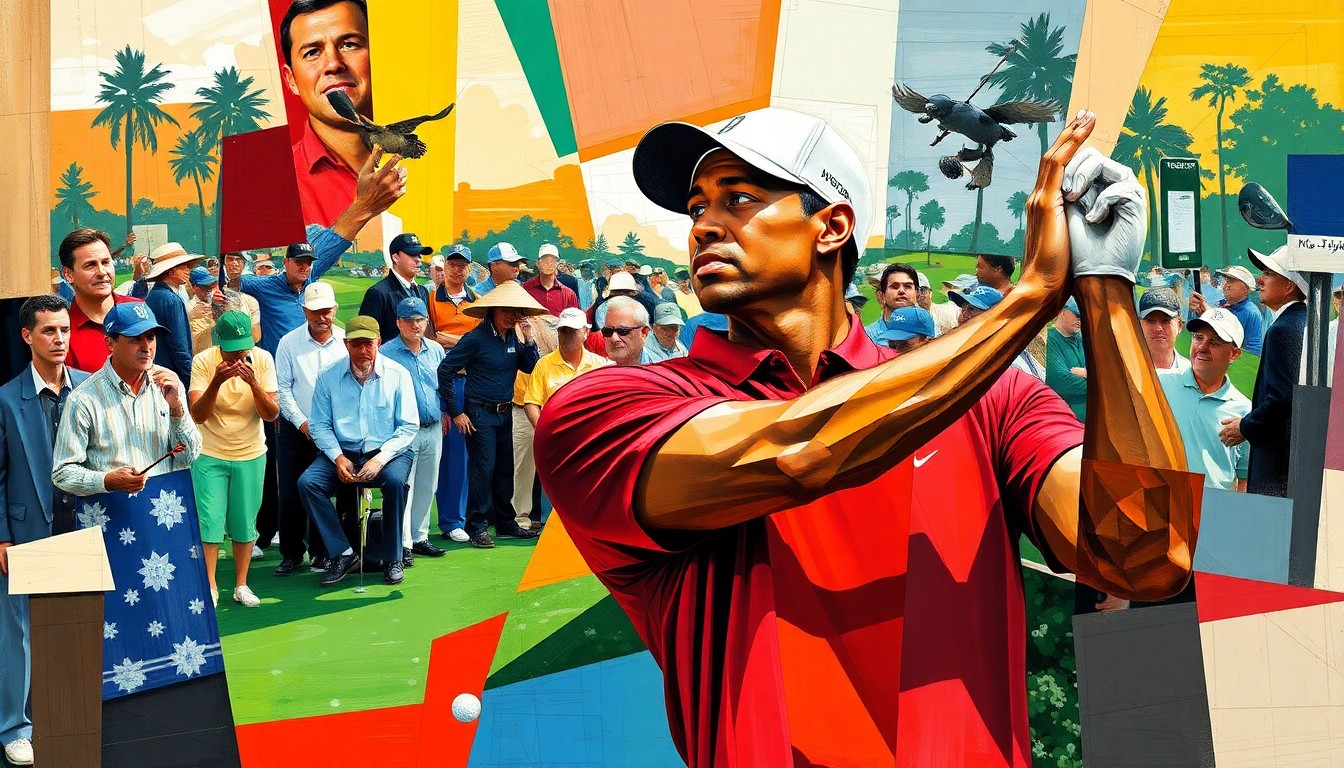 A cubist, geometric painting depicting a fractured, multi-perspective scene of a golf tournament, with sharp, overlapping planes representing the uncertainty and tension surrounding Tiger Woods' participation after his recent car accident.
