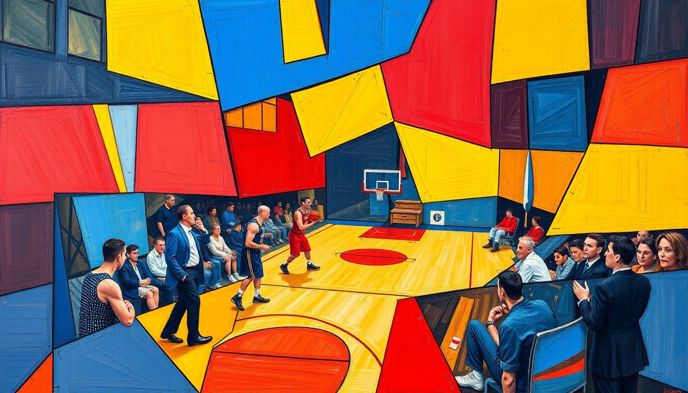 A cubist-style painting featuring overlapping geometric shapes and planes in vibrant blue, red, and yellow hues, conceptually representing the high-stakes world of college basketball coaching.