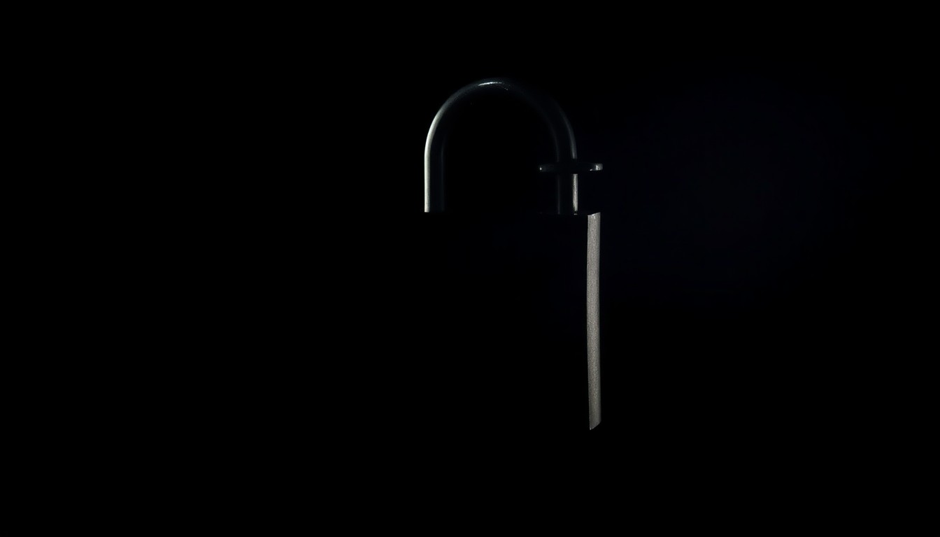 An extreme close-up photograph of a padlock, its metallic surface and intricate details sharply illuminated by a harsh, direct camera flash against a pitch-black background, conveying a sense of urgency and investigation around a potential threat.