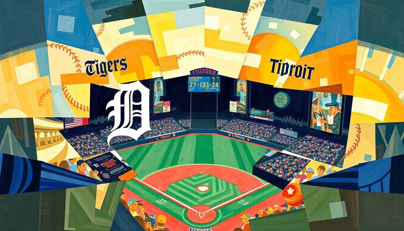 A cubist-style painting featuring overlapping geometric shapes and planes in shades of blue, orange, and green, conceptually representing the action and movement of a baseball game between the Detroit Tigers and San Diego Padres.