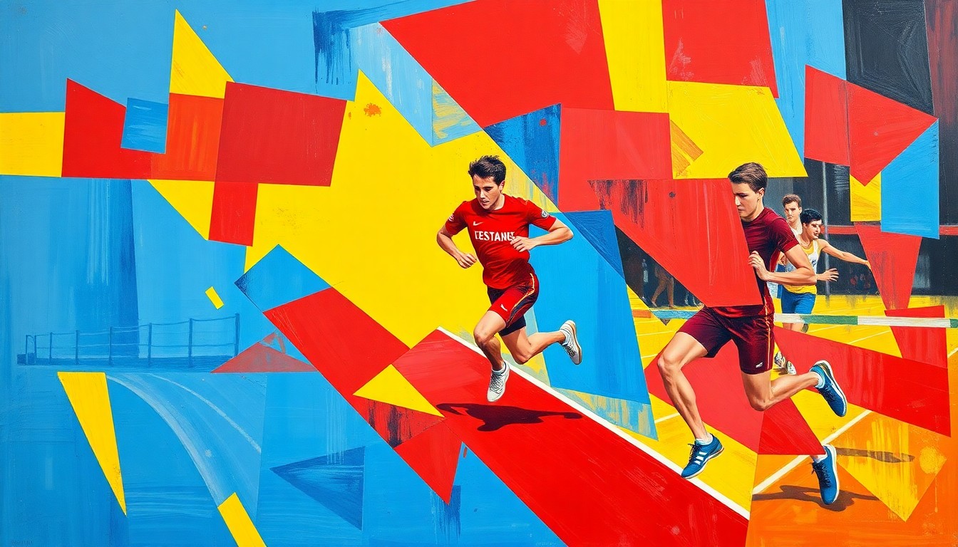 A cubist, geometric painting depicting the dynamic motion and competition of a high school track and field event, with overlapping planes of bright colors representing the athletes' movements.