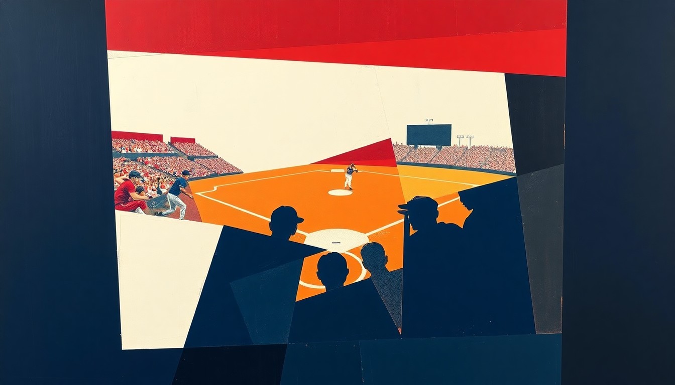 A cubist, geometric painting depicting a softball game broken down into overlapping planes of crimson, white, and navy blue, conceptually representing Alabama's well-rounded team performance.