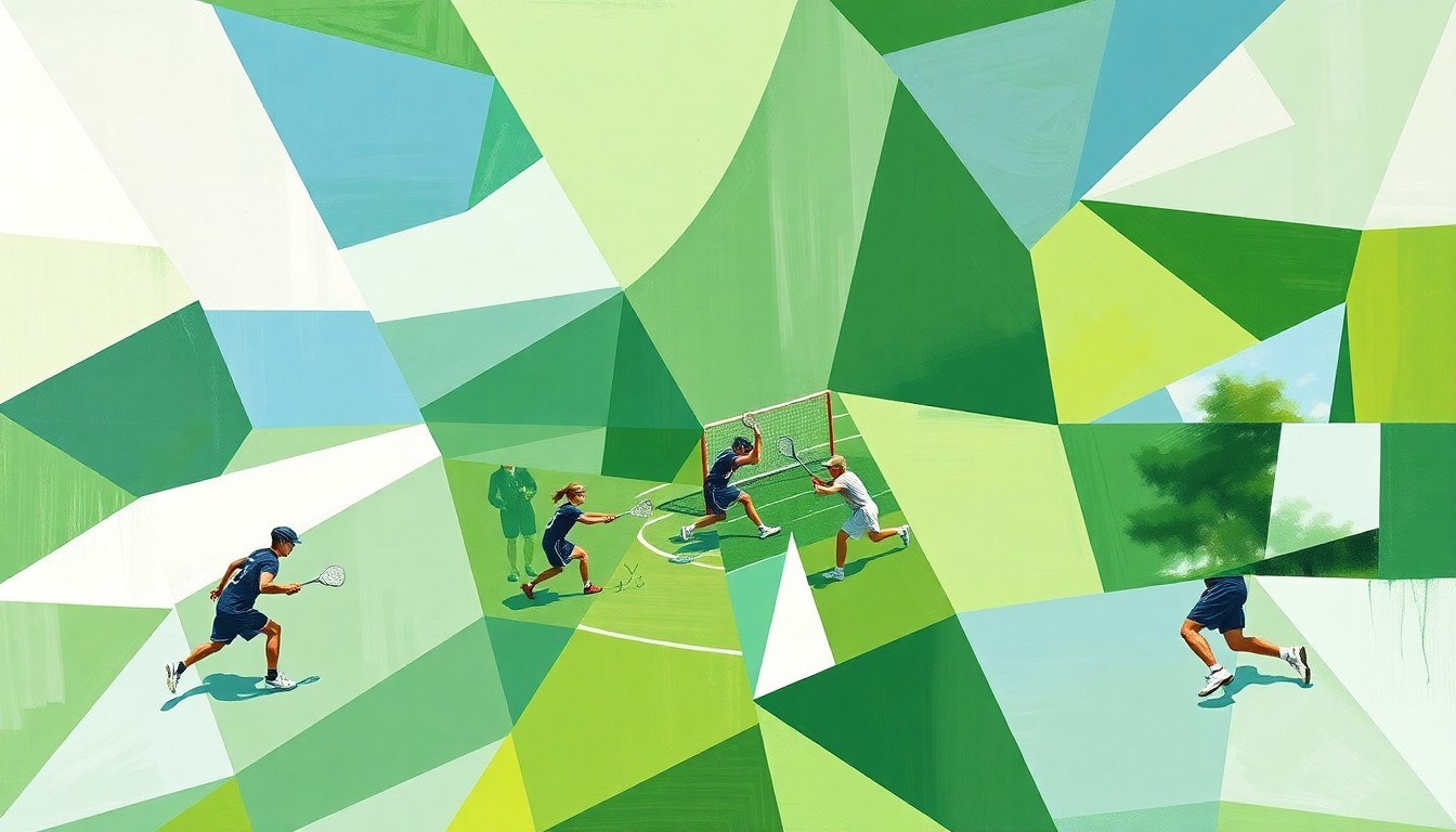 A fragmented, geometric painting in shades of green, blue, and white, depicting the overlapping movements and perspectives of a high school lacrosse game.