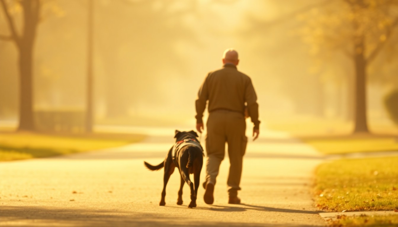 An impressionistic, out-of-focus photograph in muted, warm tones showing the silhouettes of a veteran and their service dog walking together in a park, the pair's forms blurred and indistinct, conveying a sense of connection and support.