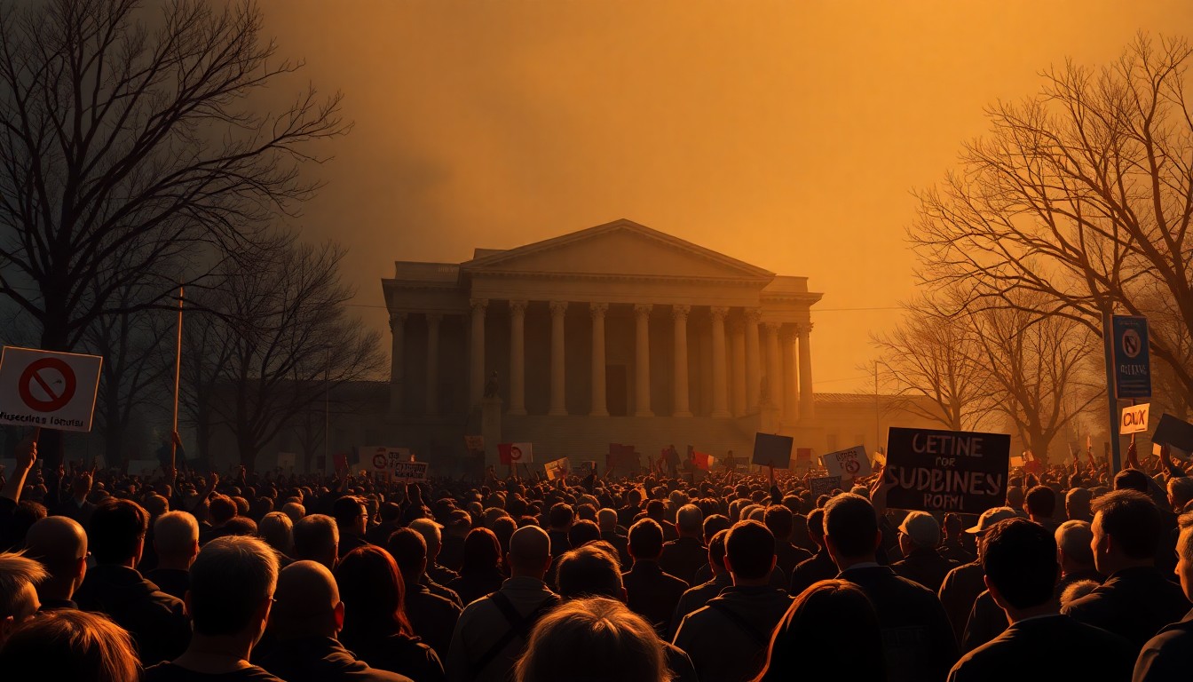 A serene, painterly scene of a large crowd of protesters gathered in front of a government building, the figures rendered in muted tones and dramatic lighting, conveying a sense of civic engagement and political momentum.