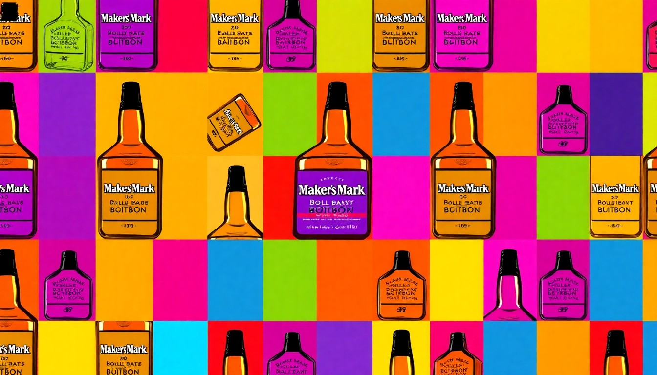 A highly stylized, pop art-inspired illustration featuring multiple silkscreen-printed images of a Maker's Mark bourbon bottle in a repeating grid pattern, rendered in a vibrant, neon color palette with heavy black outlines, conceptually representing the brand's innovative approach to its latest limited edition release.