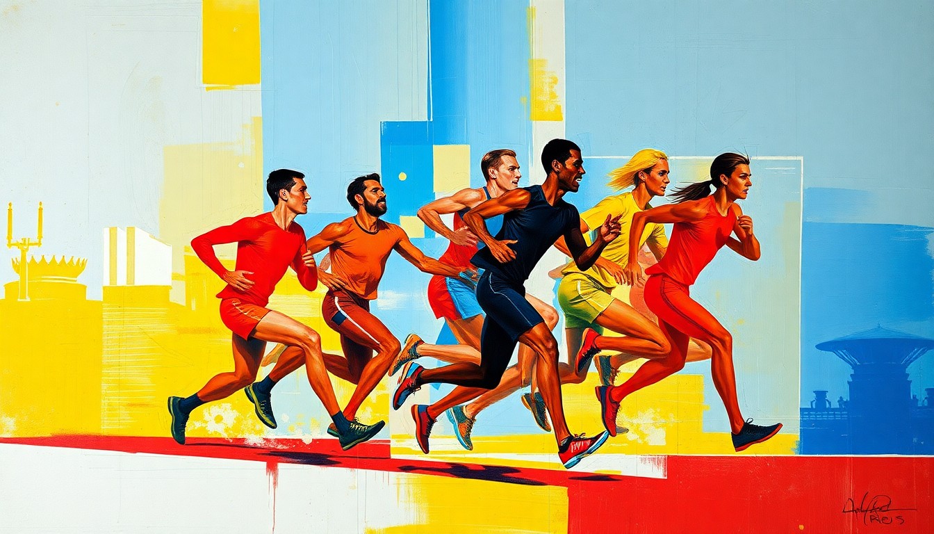 A cubist, fragmented painting depicting a running race, with sharp planes of bright primary colors overlapping to create a dynamic, abstract composition.