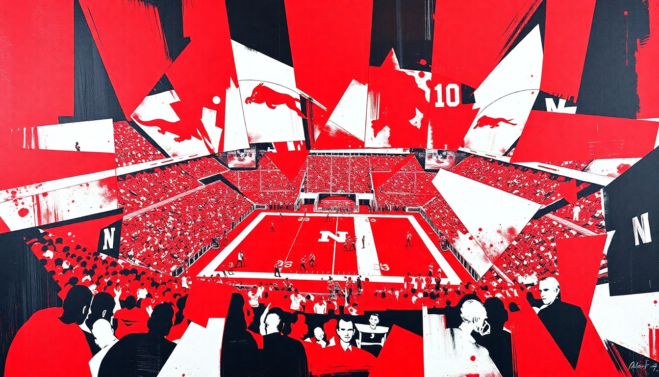 A fragmented, geometric painting in bold red, white, and black tones depicts the dynamic movements and intensity of a Nebraska football game, reflecting the team's progress under new leadership.