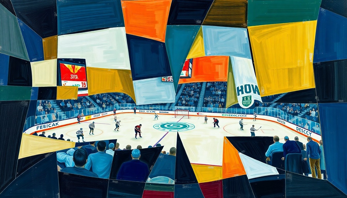 A cubist, geometric painting depicting the action and energy of a hockey game, with overlapping planes of color and shape representing the two teams competing on the ice.