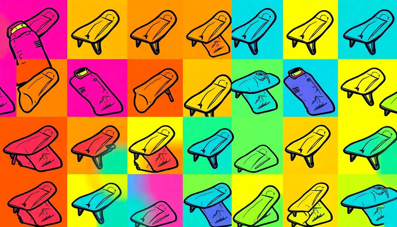 A brightly colored, high-contrast silkscreen print of a park bench repeated in a tight grid pattern, conceptually representing the homelessness crisis and Union Station's efforts to provide solutions.