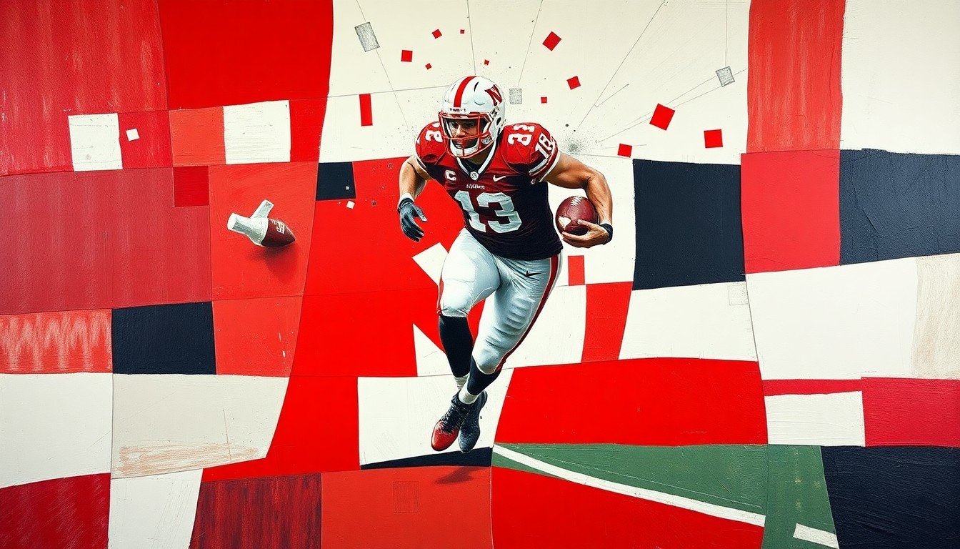 A cubist, geometric painting depicting a Nebraska football player breaking through the line and sprinting downfield, with overlapping planes of red, white, and black shapes creating a dynamic, fragmented visual representation of the action.