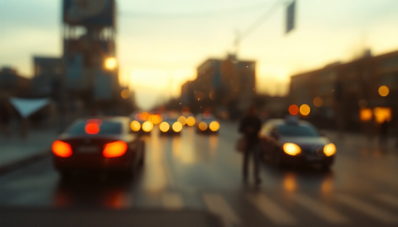An abstract, impressionistic photograph of a blurred street scene with faint outlines of cars and pedestrians, conveying the mood of a community event in a downtown area.