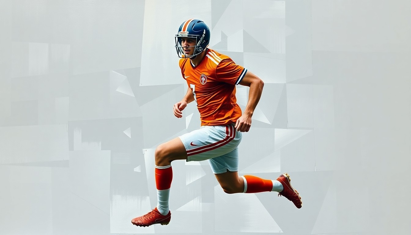 A fragmented, cubist-style painting depicting a football player in motion, with sharp, overlapping shapes in the colors orange and white conveying the raw athleticism and excitement of the sport.