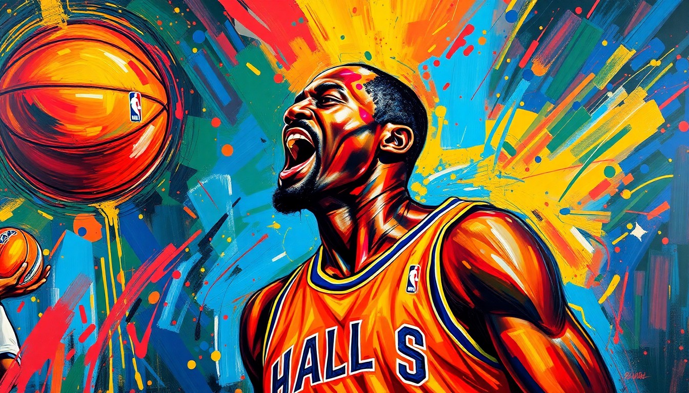 An abstract, neon-colored painting featuring dynamic brushstrokes and basketball-inspired shapes, conveying the raw emotion and personal struggle of Lamar Odom's recovery journey.