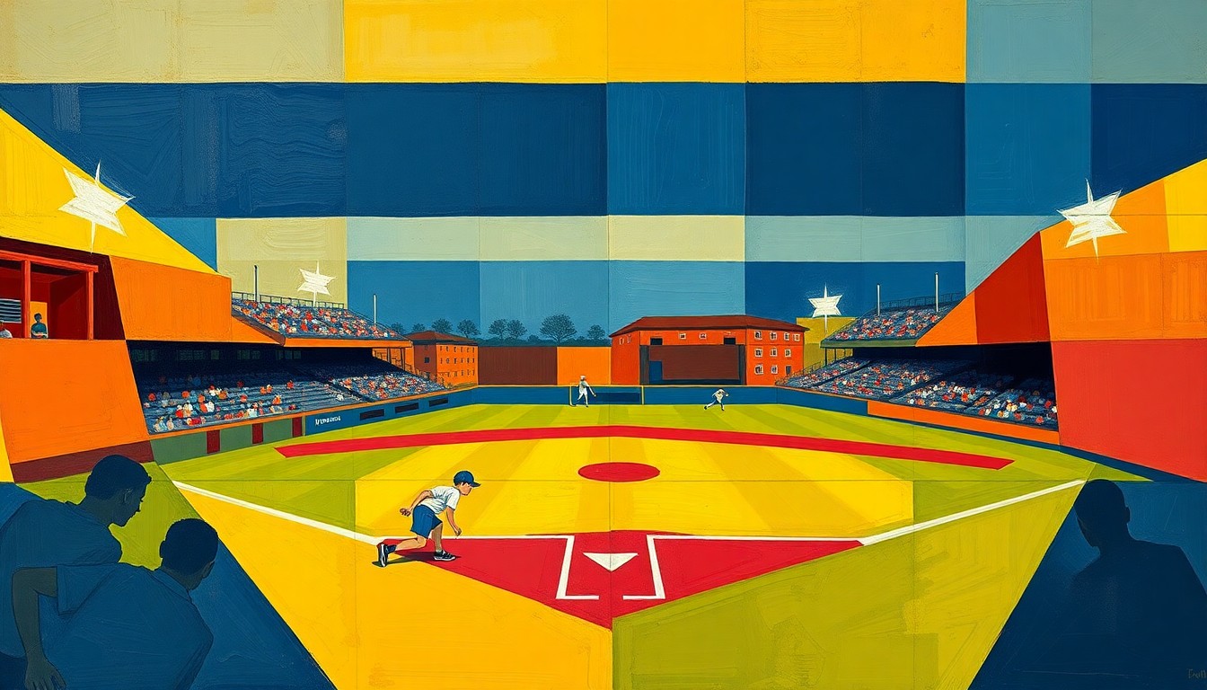 A fragmented, geometric painting in bold colors depicting the dynamic action and competing perspectives of a high school softball game, conveying the competitive spirit of the BNL Stars' tournament experience.