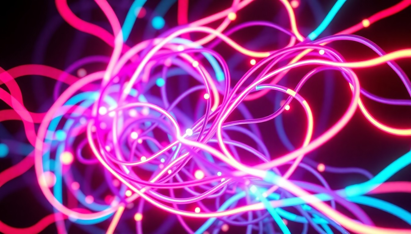 A highly detailed, glowing 3D illustration of a tangled web of neon-lit digital cables and circuits, representing the complex infrastructure of social media platforms. The cables are intertwined with abstract geometric shapes in shades of cyan, magenta, and indigo, conveying the interconnected, technological nature of these online services.