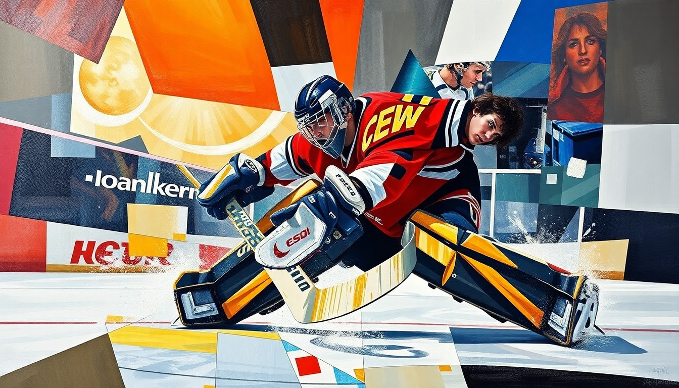 A cubist, geometric painting depicting a hockey goaltender making an athletic save, the player's form broken down into sharp, overlapping planes of color.