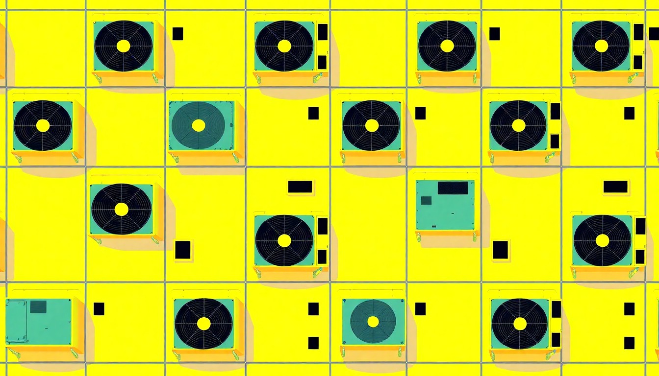 A brightly colored, high-contrast silkscreen-style illustration depicting a repeated grid of HVAC units, conceptually representing the school district's need to upgrade its aging mechanical systems.