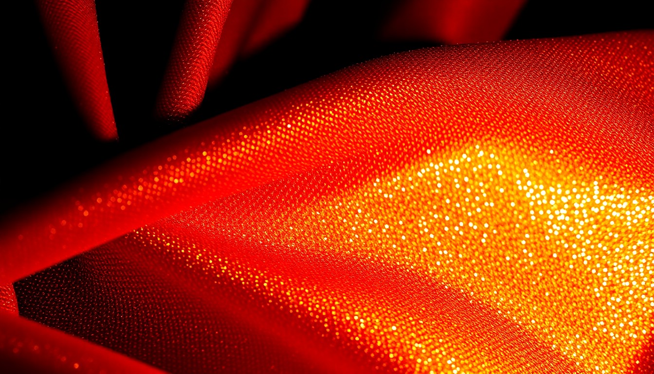 An extreme close-up of a luxurious, shimmering fabric texture in rich, jewel-toned colors, using dramatic, high-contrast studio lighting to create a glitzy, high-fashion aesthetic.