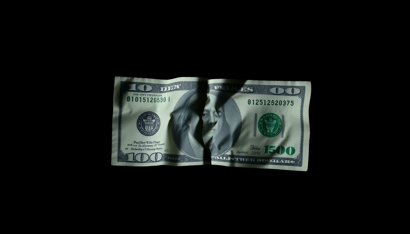An extreme close-up photograph of a crumpled, torn $20 bill against a pitch-black background, lit by a harsh, direct camera flash, conceptually representing the aftermath of a donation scam.