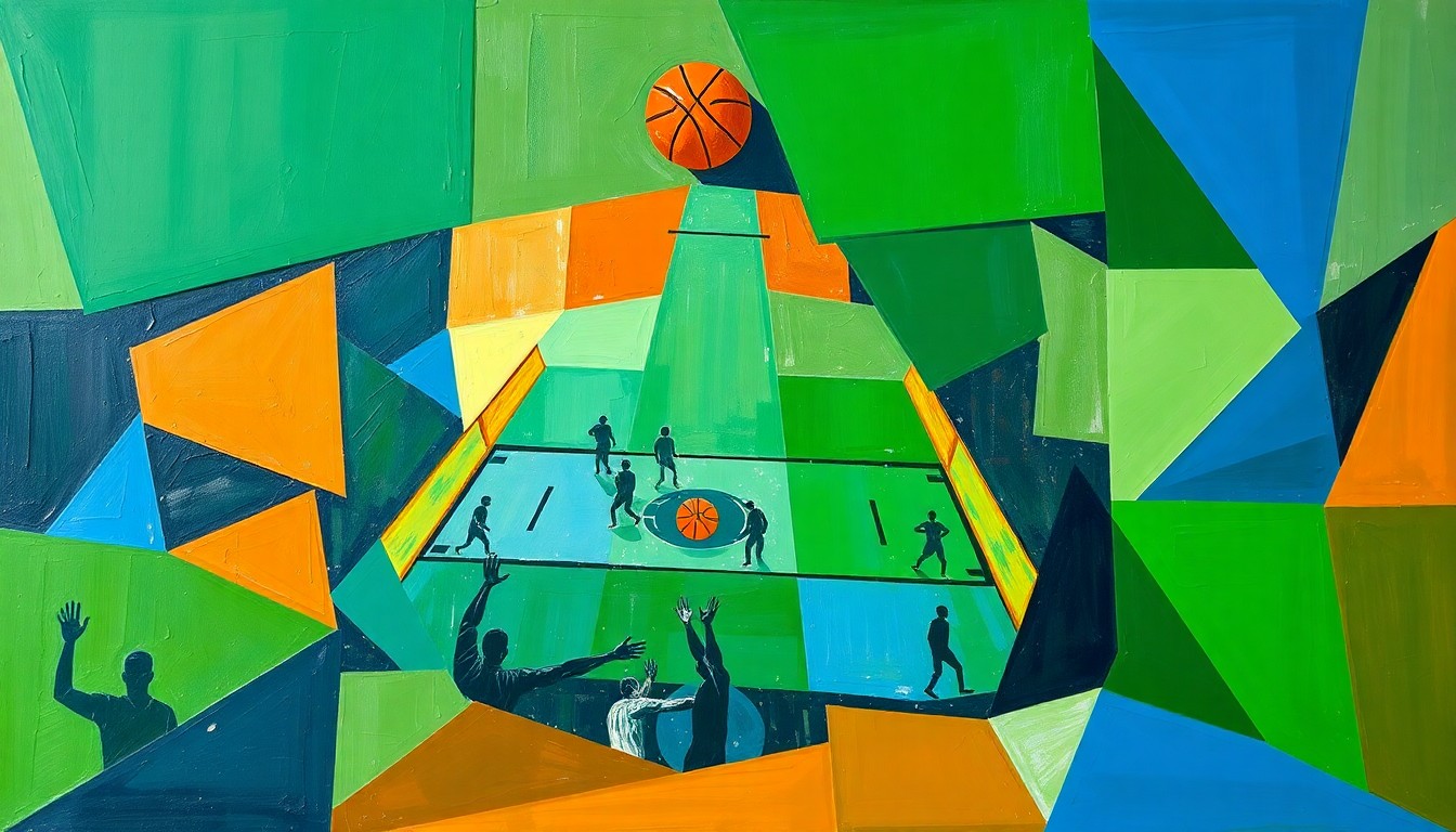 A vibrant, cubist-inspired painting depicting a basketball game broken down into sharp, overlapping geometric shapes and planes of green, blue, and orange, conveying the dynamic and evolving nature of the Celtics' roster planning.