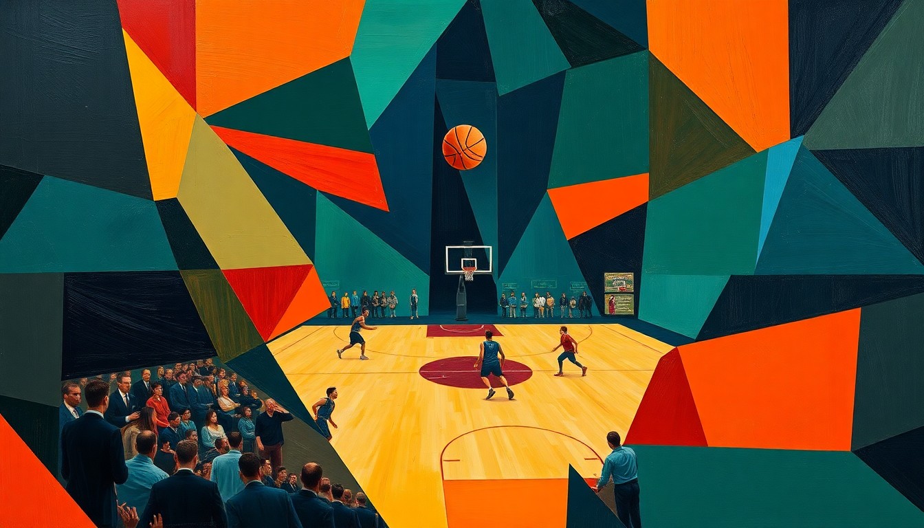 A cubist-style painting featuring fragmented, geometric shapes in navy, green, and orange hues, conceptually representing the transition of the Portland Trail Blazers to new ownership.