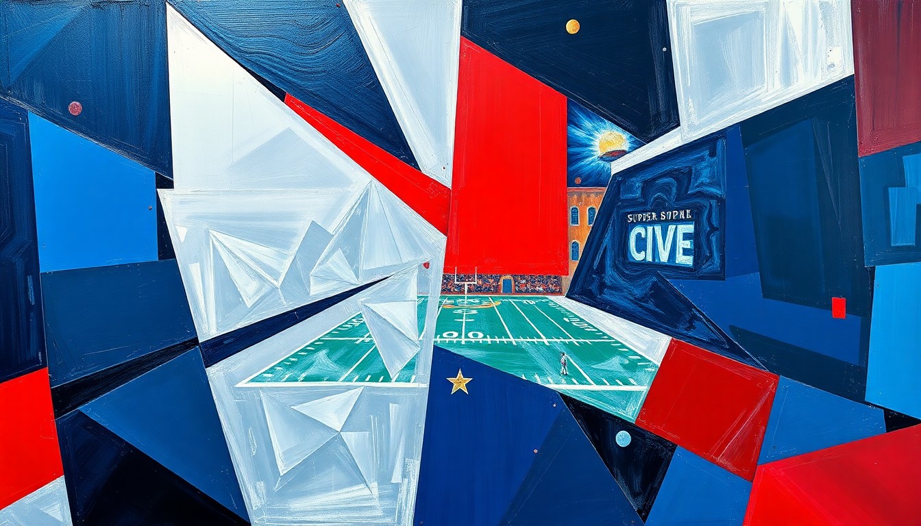 A fragmented, geometric painting depicting a football game in sharp, overlapping planes of navy, silver, and red, conveying the energy and excitement of the Super Bowl coming to Las Vegas.