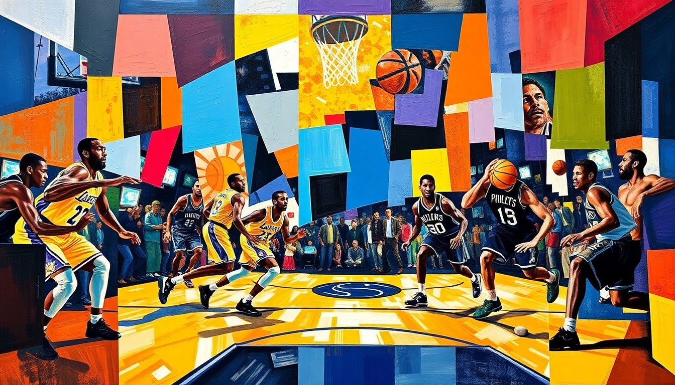 A cubist, geometric painting depicting a fragmented basketball game, with the players and ball broken down into overlapping angular shapes and planes of color, representing the complex dynamics of technical fouls and suspensions in the NBA.