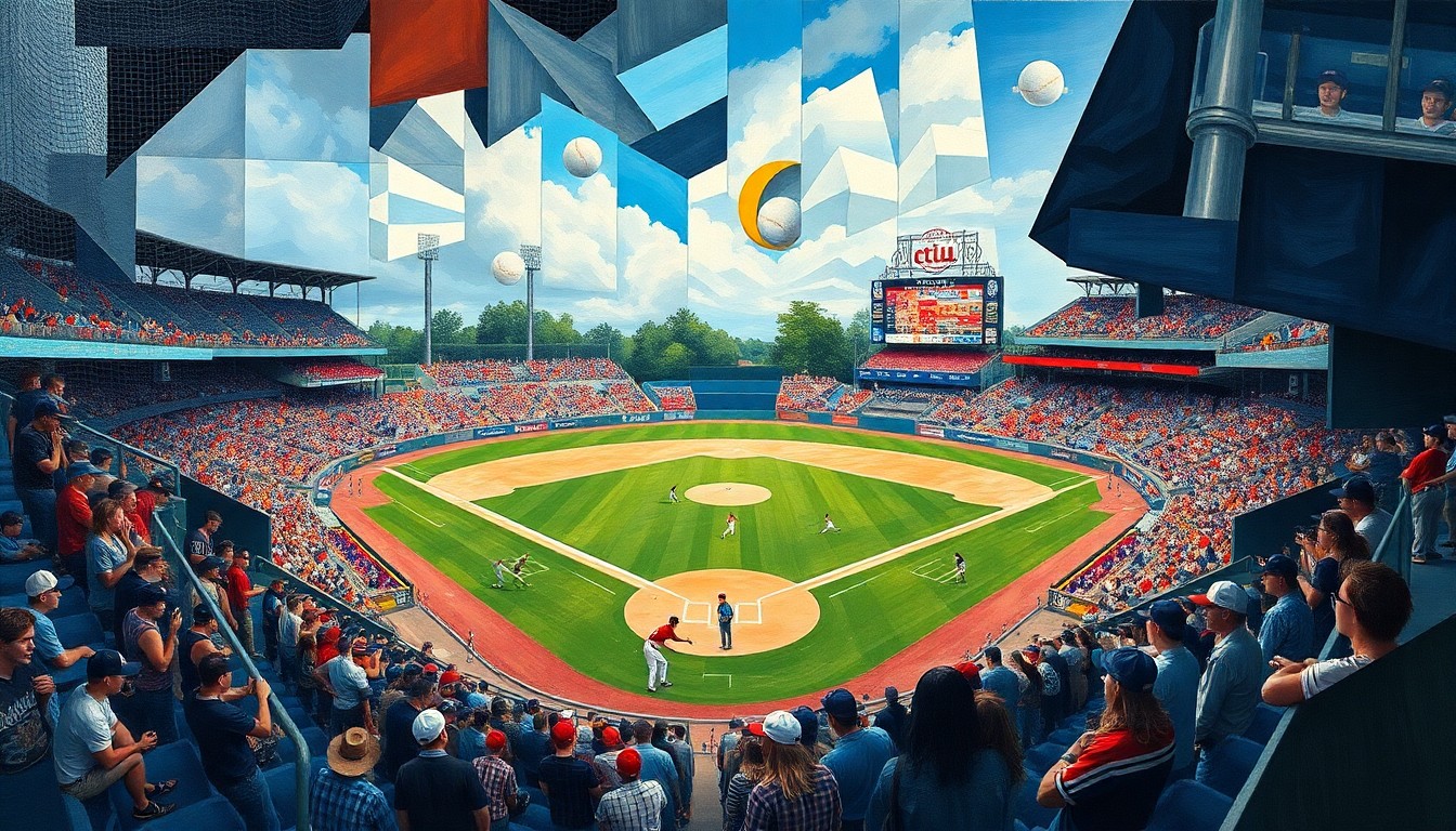 A fragmented, geometric painting in bold colors depicting the dynamic movements and competitive energy of a high school baseball game, with players, field, and crowd all broken down into abstract shapes and planes.